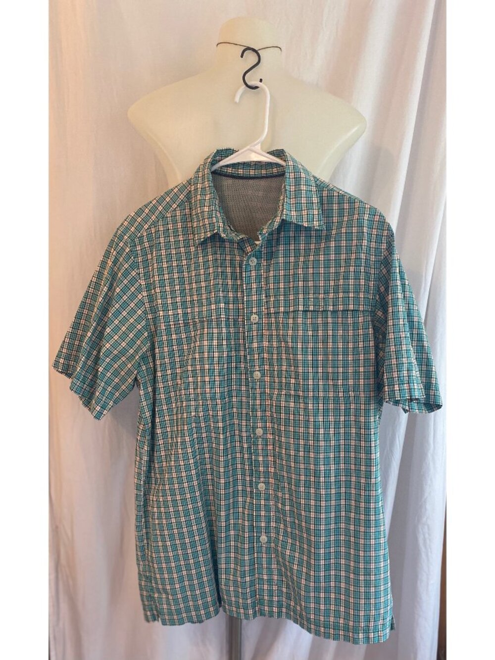 Green And White Plaid Short Sleeve Men's Button Up Shirt